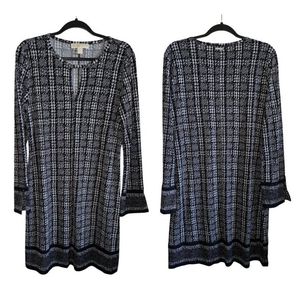Black White Houndstooth Jacquard Michael Kors Long Sleeve Knee Length Dress L - Picture 2 of 10